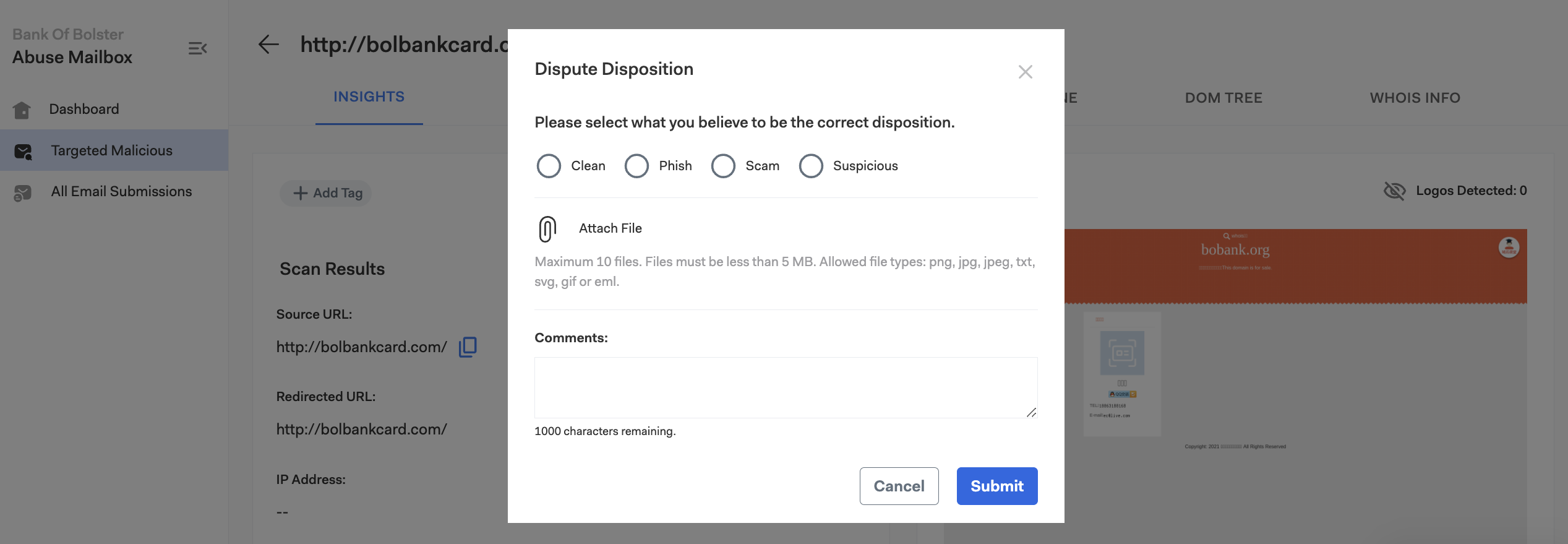 Screenshot of the Dispute Disposition form in the Abuse Mailbox module.