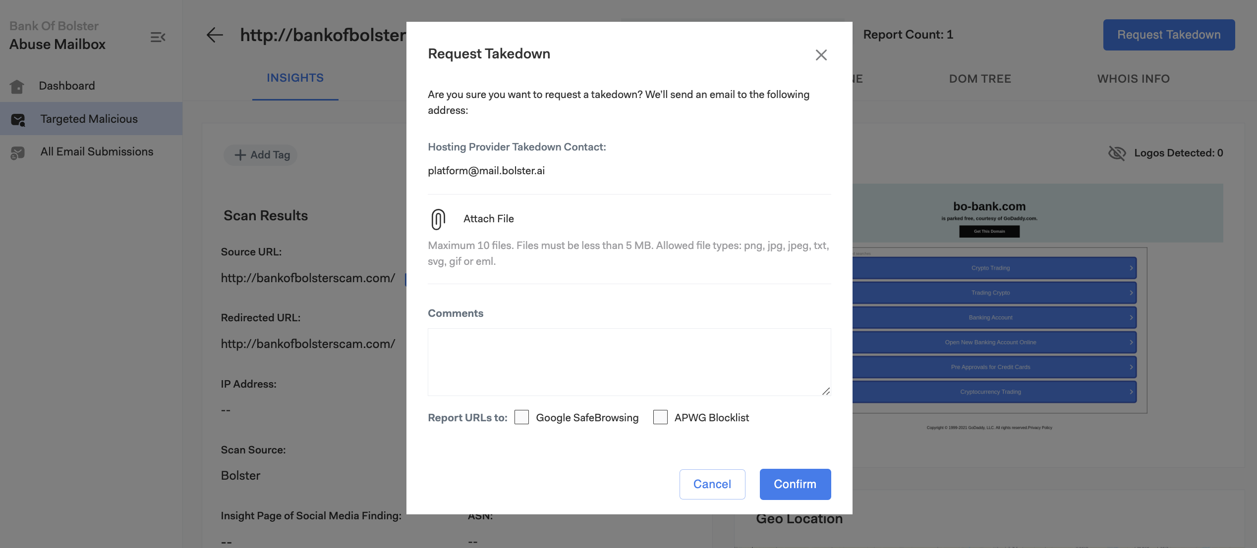 Screenshot of the Request Takedown form in the Abuse Mailbox module.