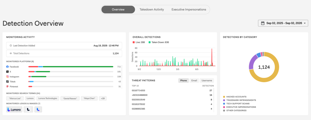 Screenshot of the top portion of the Detection Overview view of the Social Media dashboard.