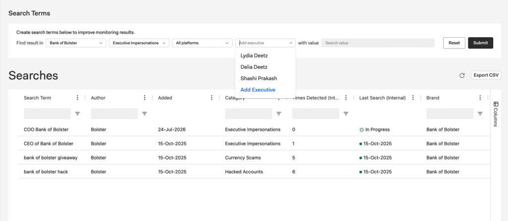 Screenshot of the procedure to add an Executive to a Social Media search term.